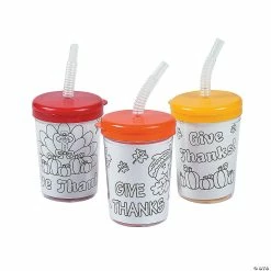 Outlet 😍 Color Your Own Give Thanks Cups with Lids & Straws - 12 Pc. ❤️